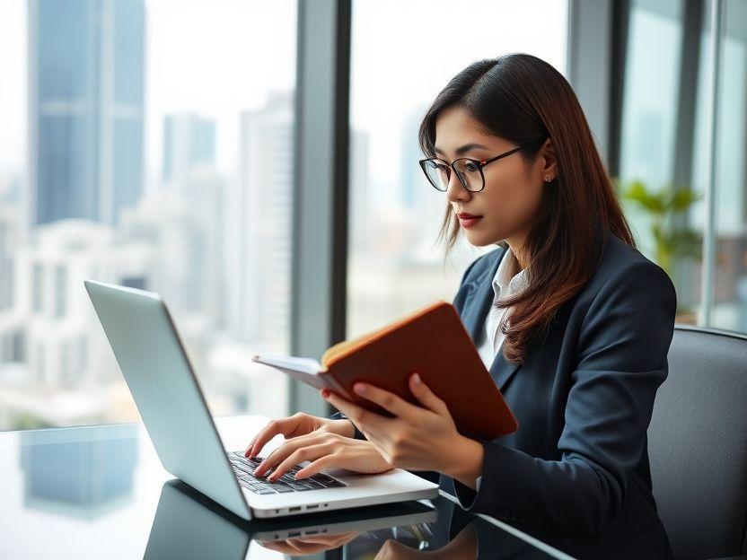 Businesswoman taking notes during an English video meeting