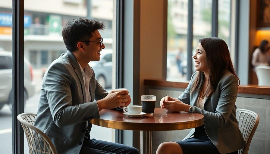 Two professionals chatting warmly over coffee at a cafe window