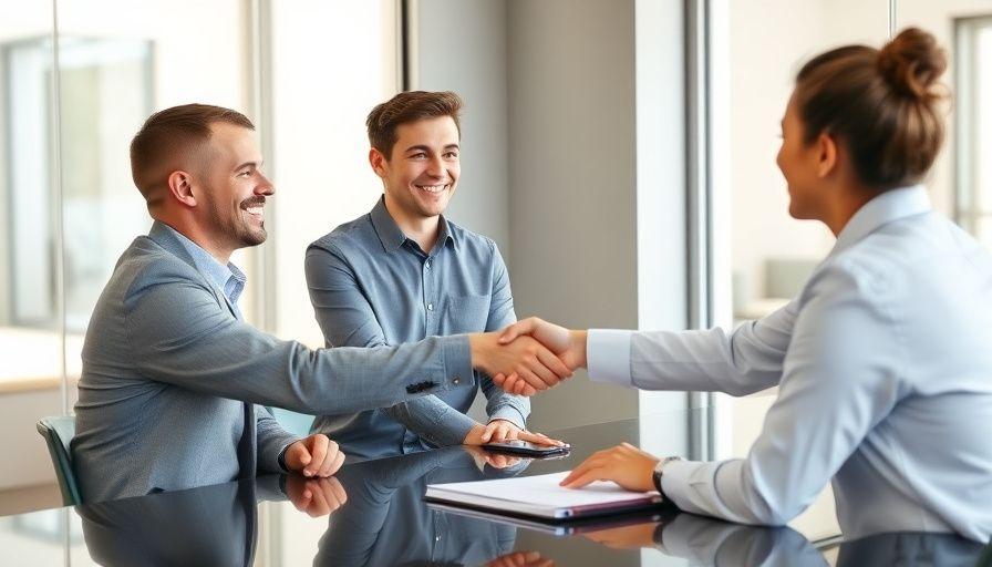 Job candidate shaking hands confidently across an interview table