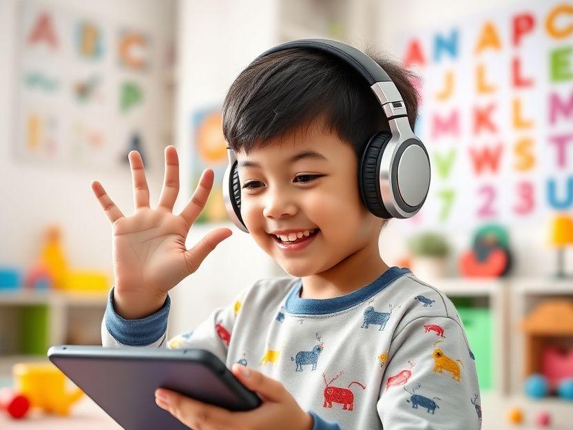 Child with headphones waving at a tablet during a kids English class
