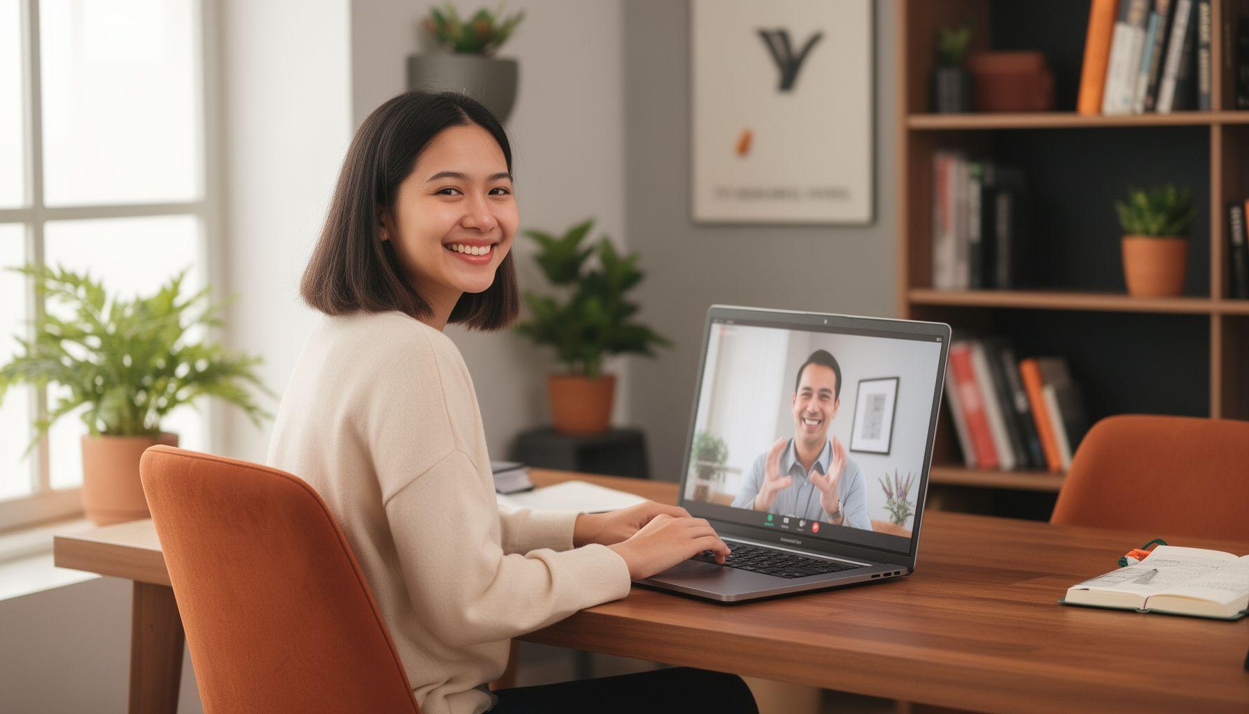 Student smiling during a live online English lesson with a native-speaking mentor