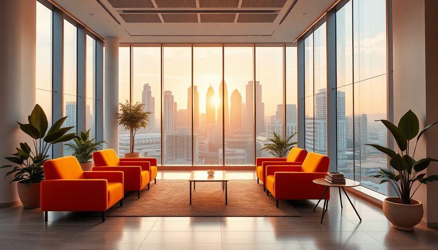 Bright office lounge with orange armchairs overlooking KL Sentral