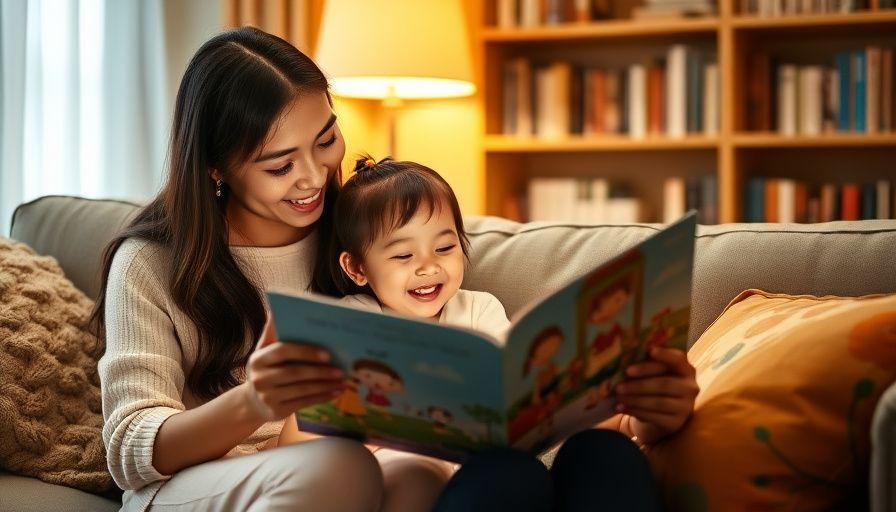 Parent and child laughing over a picture book at storytime