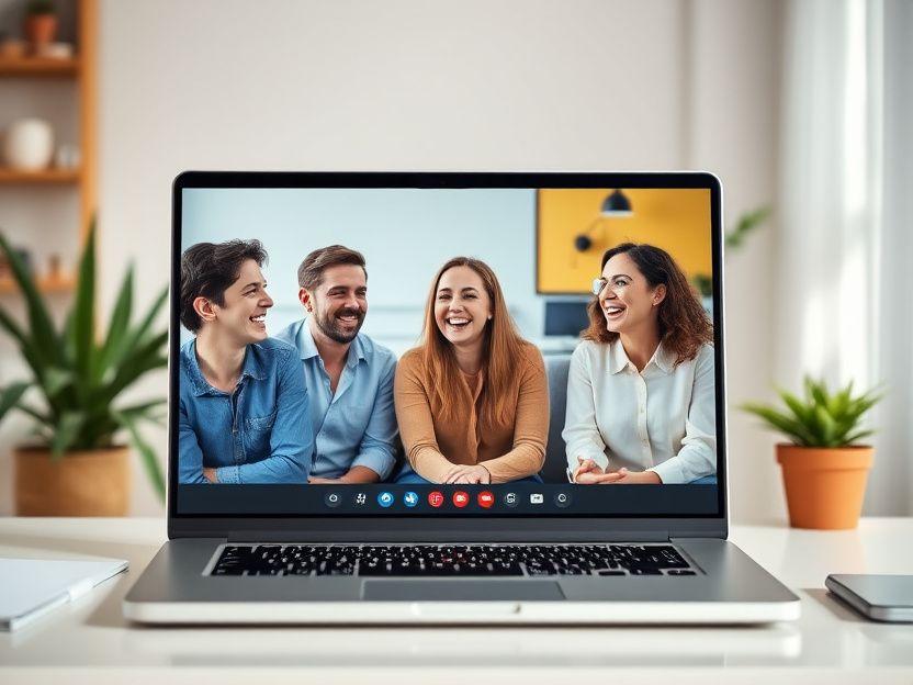 Lively small-group video conversation class on a laptop screen